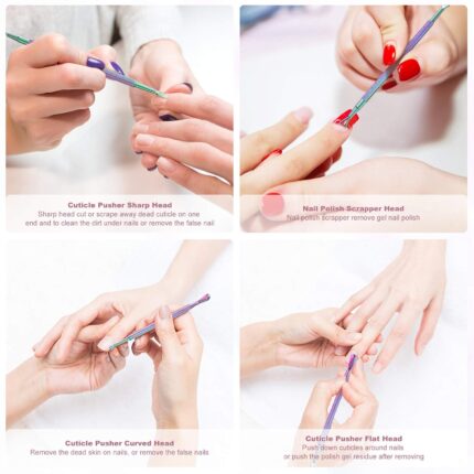 A two-piece set of opove P1 gradient stainless steel cuticle pushers and gel polish removers on a clean surface.