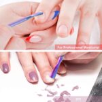 A two-piece set of opove P1 gradient stainless steel cuticle pushers and gel polish removers on a clean surface.