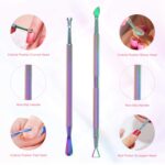 A two-piece set of opove P1 gradient stainless steel cuticle pushers and gel polish removers on a clean surface.