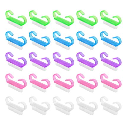 A collection of 25 PNDID handle grip nail brushes in five different vibrant colors, neatly arranged on a white background.