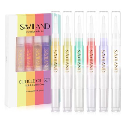 Set of 6 SAVILAND cuticle oil pens in various colors, featuring soft brush applicators, against a clean background.
