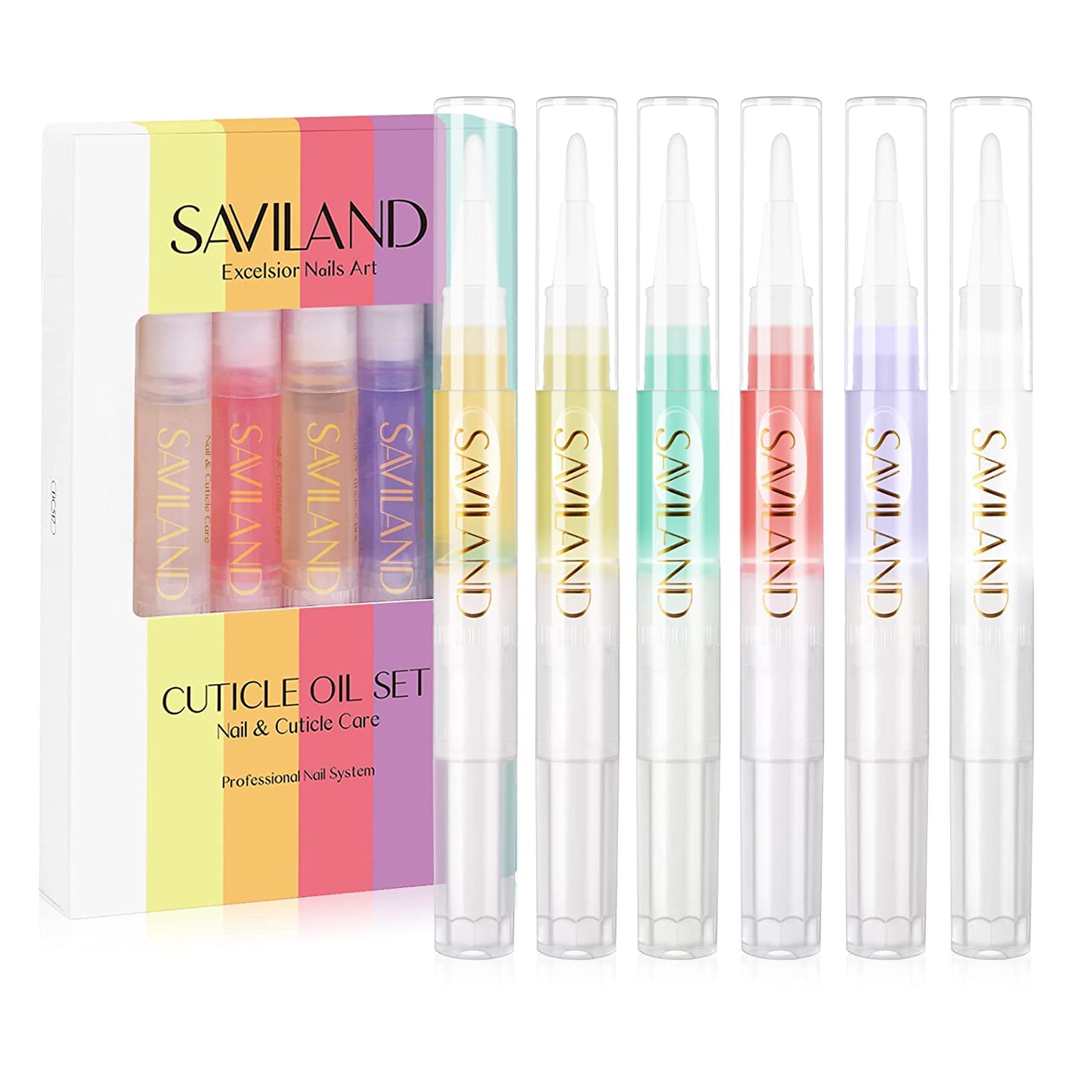 Version 1.0.0 Set of 6 SAVILAND cuticle oil pens in various colors, featuring soft brush applicators, against a clean background.