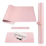 Pink microfiber PU leather nail art table mat rolled up with a strap, next to the mat unrolled showing its texture.