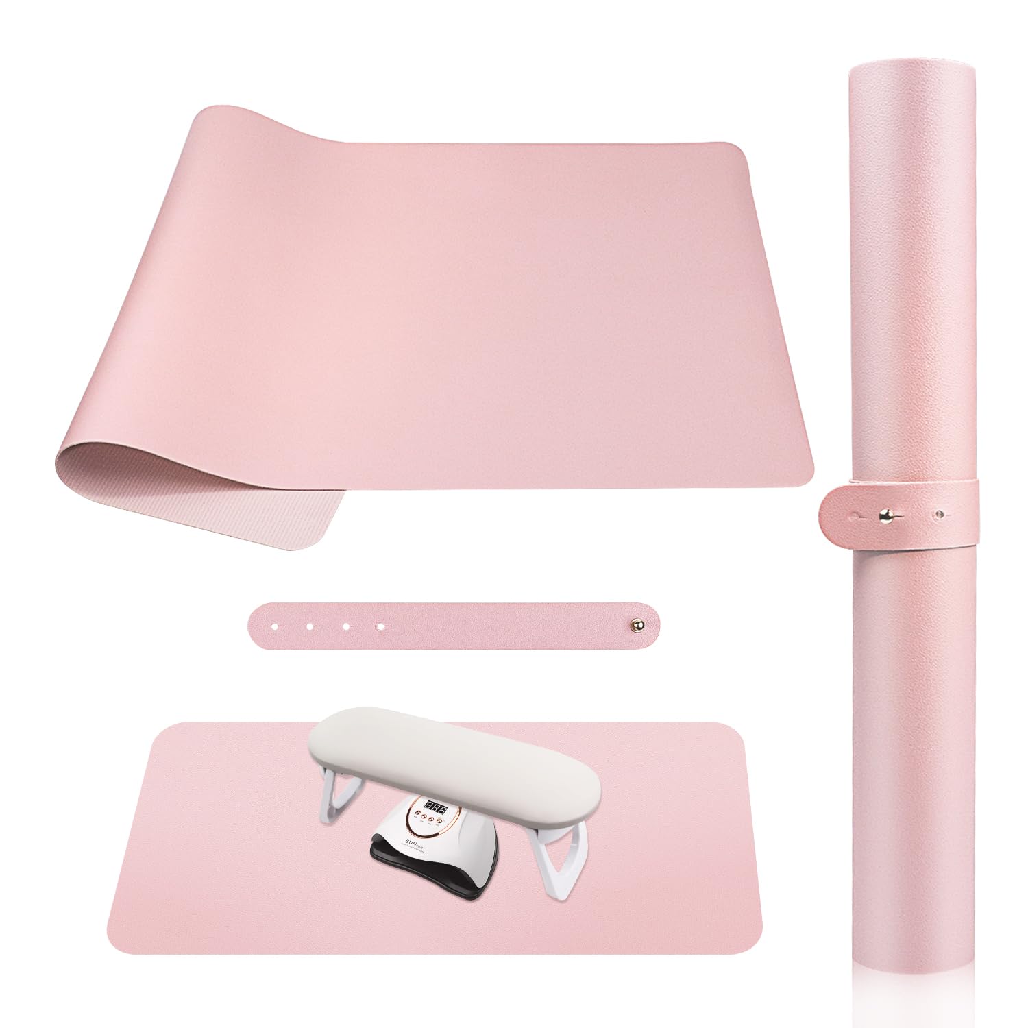 Version 1.0.0 Pink microfiber PU leather nail art table mat rolled up with a strap, next to the mat unrolled showing its texture.