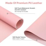 Pink microfiber PU leather nail art table mat rolled up with a strap, next to the mat unrolled showing its texture.