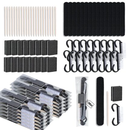 20 individual black 4-piece disposable manicure kits, each containing a nail file, buffer, wood stick, and handle grip brush.