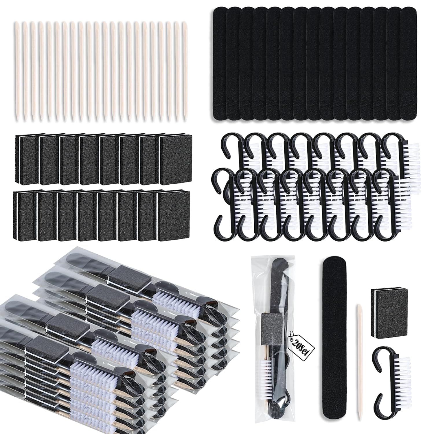 uyolaxed-20-set-disposable-manicure-kit-black-4-piece-nail-travel-set-01 20 individual black 4-piece disposable manicure kits, each containing a nail file, buffer, wood stick, and handle grip brush.
