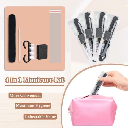 20 individual black 4-piece disposable manicure kits, each containing a nail file, buffer, wood stick, and handle grip brush.