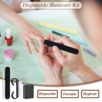 20 individual black 4-piece disposable manicure kits, each containing a nail file, buffer, wood stick, and handle grip brush.