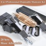 20 individual black 4-piece disposable manicure kits, each containing a nail file, buffer, wood stick, and handle grip brush.