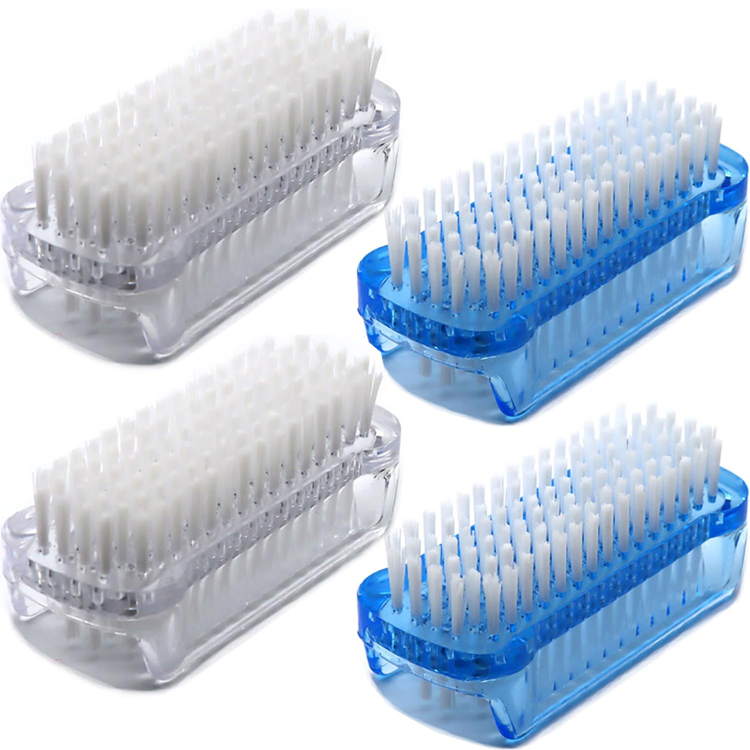 Version 1.0.0 Four Xjinmin two-sided nail scrub brushes, two blue and two white, shown in a clean arrangement.